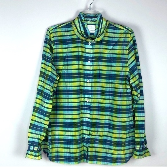 J. Crew Classic-fit silk-cotton voile ruffleneck shirt in spring plaid - Picture 2 of 8